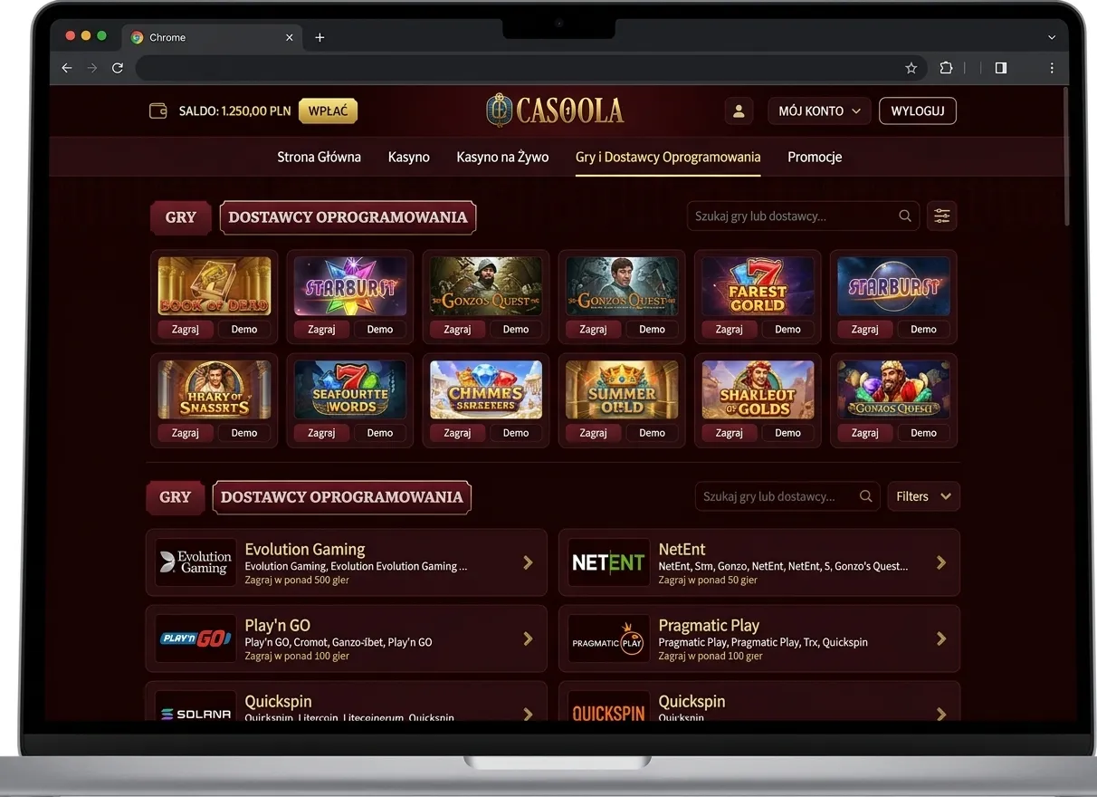 Zrzut ekranu z lobby gier kasynowych